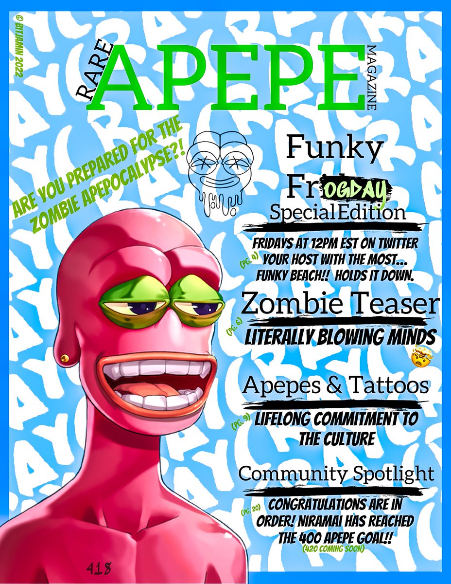 Bitjamin's tweet photo. π¨ DID SOMEONE SAY ZOMBIE APEPOCALYPSE π¨
@RareApepeYC @FunkyBeaches @Niramiai @911Corp
#RAYCMagazine #RAYCfam #RAYC #ZAYC #zombieapocalypse #FrogtoberHype https://t.co/H26UiHSJeR