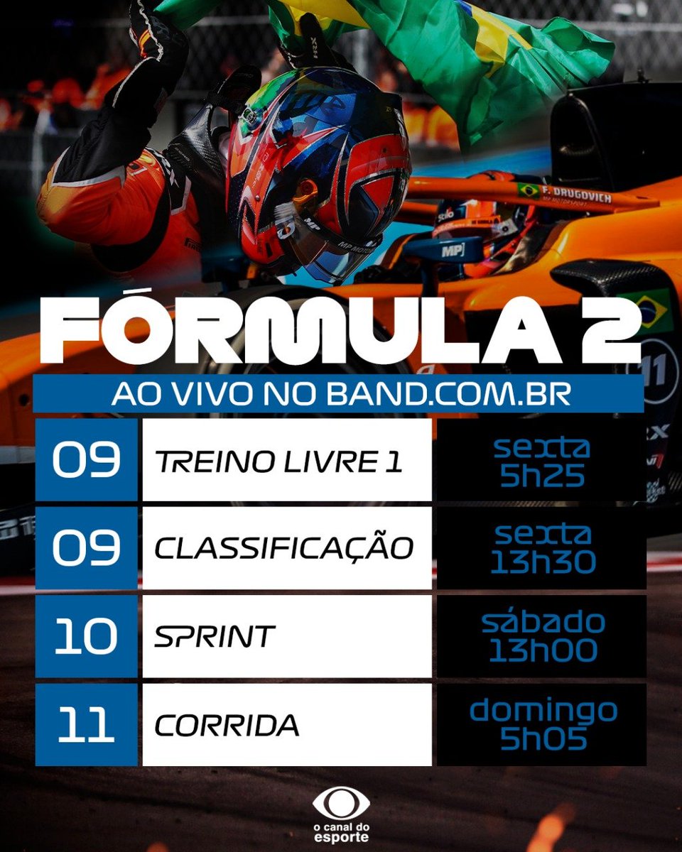 esportenaband's tweet photo. ALÔ DRUGOVICHERS🇧🇷🧐

Vocês pediram🗣 A gente ouviu!👂

O https://t.co/NAdfZMfWOG transmitirá todo o fim de semana da F2 na Itália🤯

Nessa etapa, Felipe Drugovich pode se consagrar campeão🏆de 2022 na corrida Sprint, no sábado(10)

É DE GRAÇA!😍

#F2 #F2naBand #FelipeDrugovich https://t.co/W9DIex2wOc