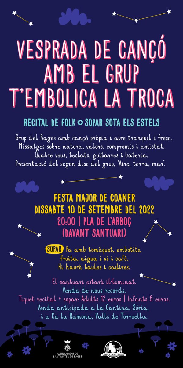 folkperpensar's tweet photo. Aquest dissabte us esperem a les 20 hores al concert amb les nostres cançons del #aireterramar 
Festa Major de #Coaner #santmateudebages #elbages #FolkMusic #folk #concert #Musica https://t.co/DYuhkEeeWk