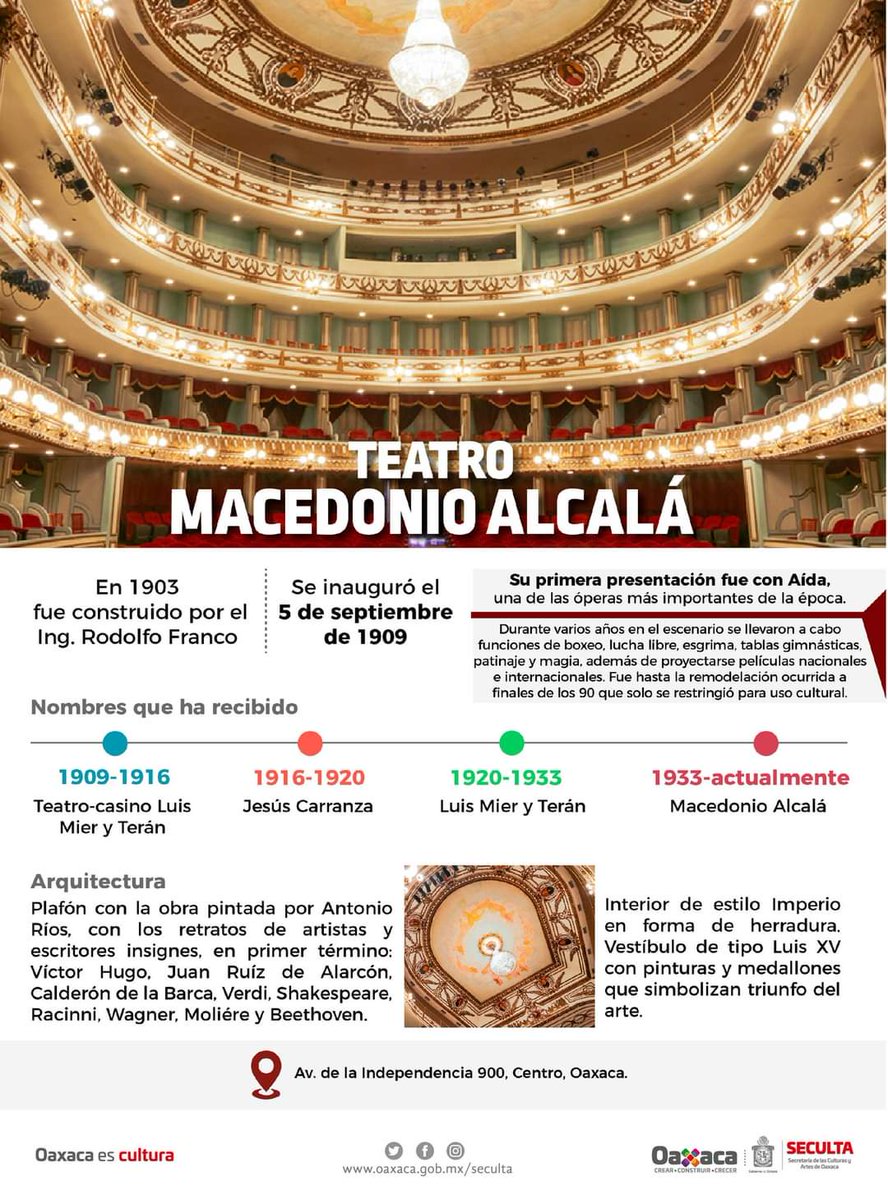 A 113 años de la construcción de uno de los monumentos históricos más emblemáticos de la capital de #Oaxaca, el Teatro Macedonio Alcalá, aún sigue siendo testigo de múltiples manifestaciones artísticas. ¡Conoce más de este recinto, hoy en su Aniversario!

#OaxacaEsCultura