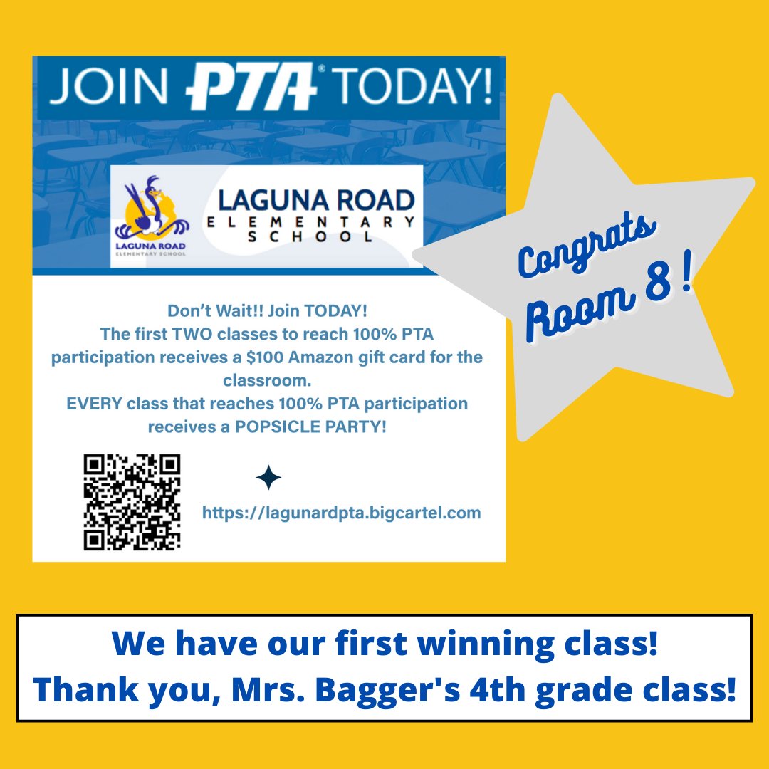 Laguna Road Elementary School (@lagunaroad) on Twitter photo Join PTA today! We have first class that has full participation Thank you, Mrs. Bagger's 4th grade class! <a href="/Dbaggeret/">Danielle Bagger</a> Join PTA today! We have first class that has full participation Thank you, Mrs. Bagger's 4th grade class! <a href="/Dbaggeret/">Danielle Bagger</a>
