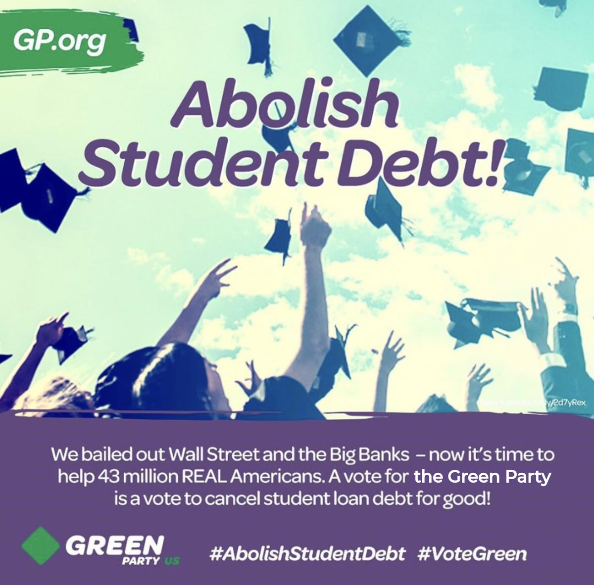 The #GreenParty demands student debt be fully abolished! Life-long education is necessary for true democracy. We must recognize education is a human right and must be available to all, without driving folks into debt and poverty. #AbolishStudentDebt #CancelStudentDebt