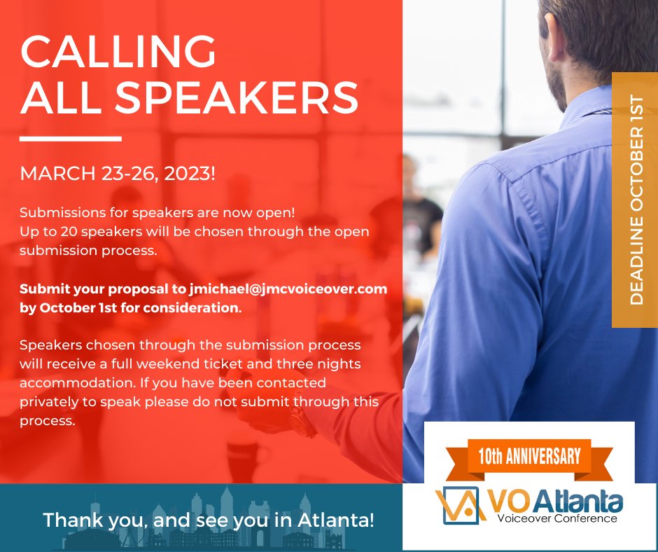 jmcvoiceover's tweet photo. VO Atlanta public speaker submissions are now open.
See the graphic for details.
Looking forward to seeing what you have to offer!
#voatlanta #voiceovers #voiceovers #voiceoverconference https://t.co/D7Md3w2Nn5
