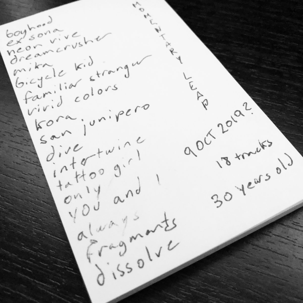 This was the initial tracklist for my album Momentary Leap. Ended up quite different.