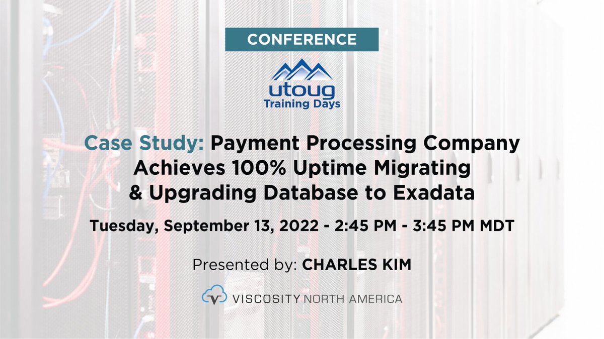ViscosityNA's tweet photo. Learn how one of the largest payment processing companies migrated their mission-critical databases to the latest Exadata with zero downtime presented by @racdba at the @UTOUG #trainingdays22!
Register here:https://t.co/8z4KfZcP5Q
#vna22 #UTOUG #orcldb #oracle19c #oracledatabase https://t.co/M4Q1j9HQiE