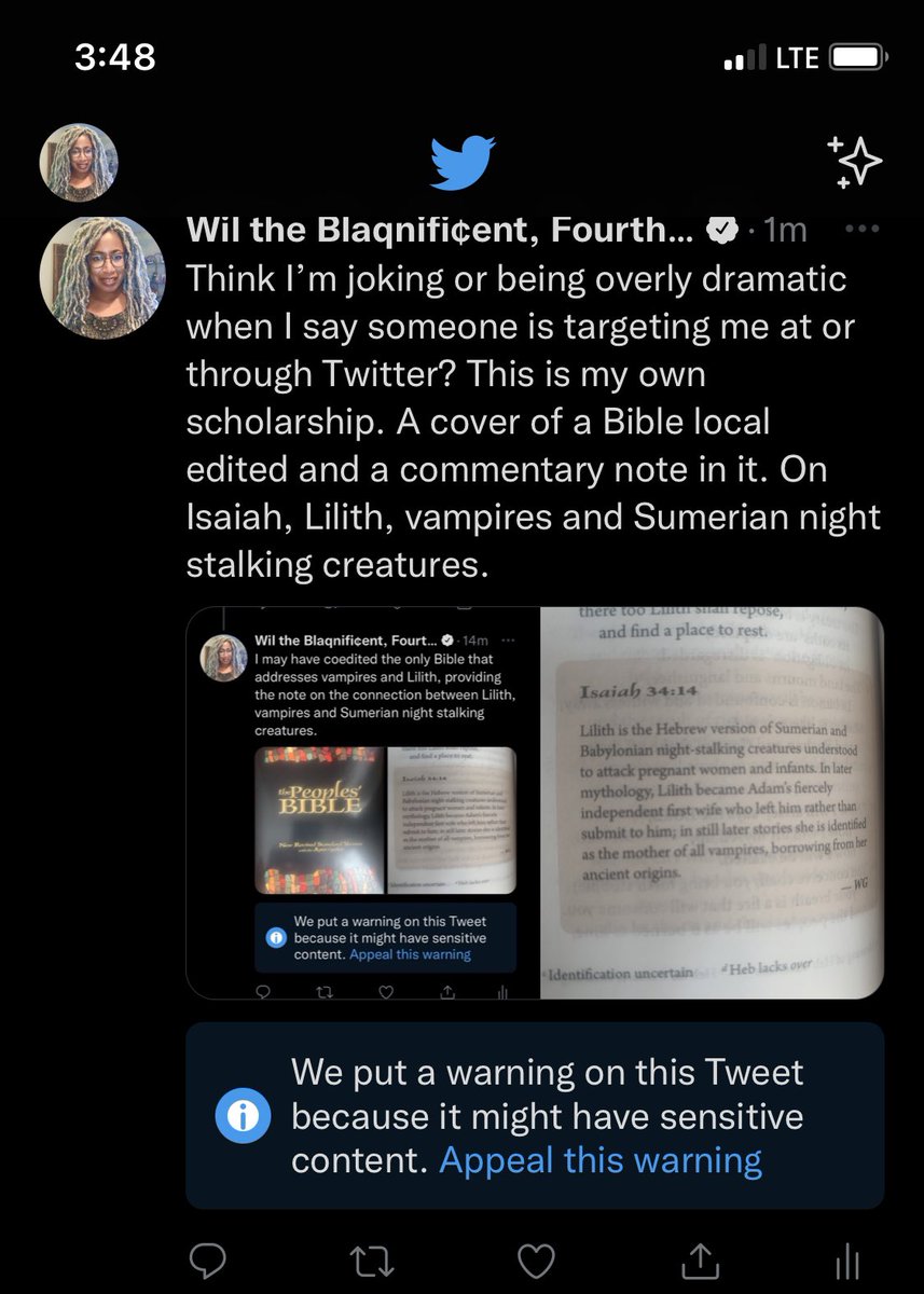 WilGafney's tweet photo. For giggles, this tweet with a photo of the unmerited sensitive warning flag received its own sensitive warning flag. https://t.co/B2egGx32Ya