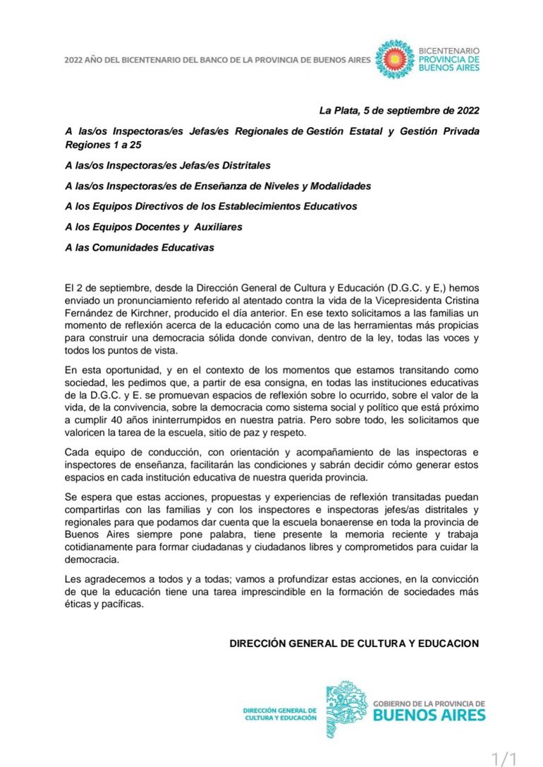 Quieren que en las escuelas bonaerenses se imponga una reflexión sobre el atentado a la vicepresidenta …. 👇
