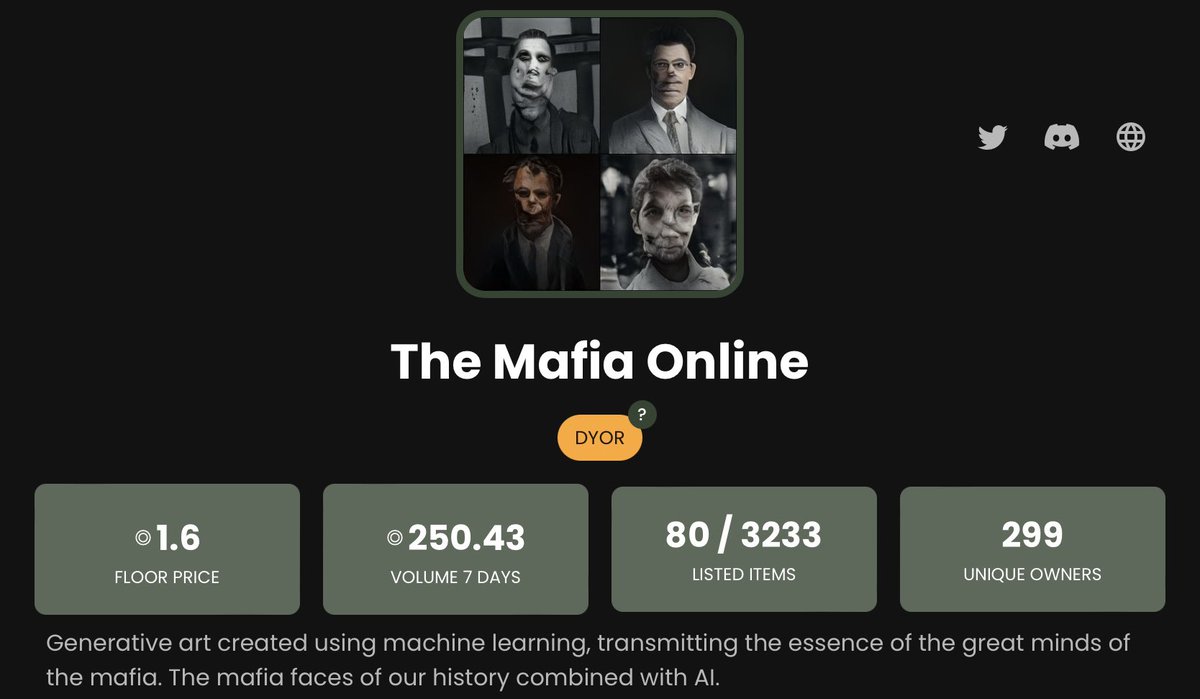 themafiaonline's tweet image. 5 days since mint:

Floor price: 1.6 SOL
Volume: 250.43

Find us in @coralcubenft 👀

Link: coralcube.io/collection/the…

#Solana #NFT #NFTCommunity #NFTProject #NFTs