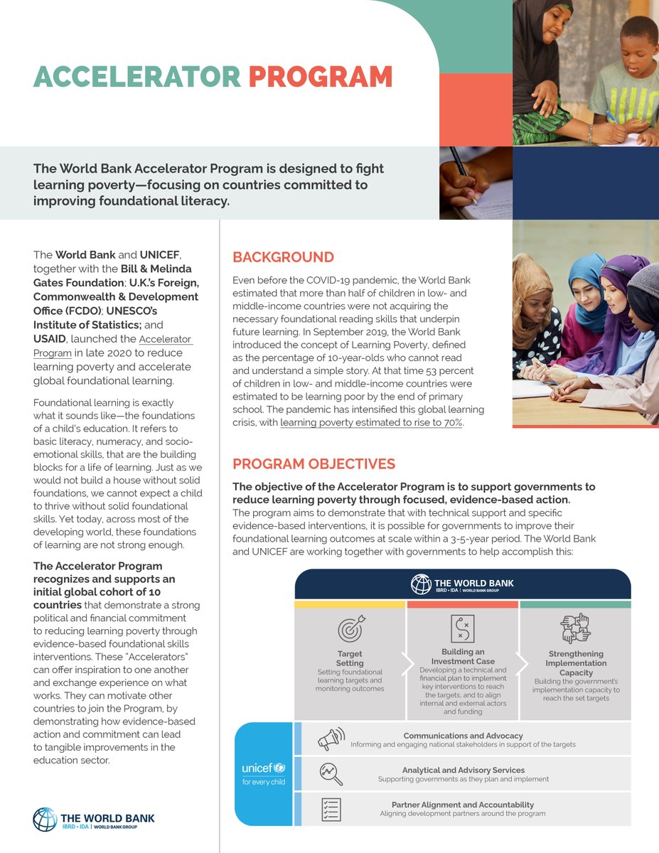 WBG_Education's tweet photo. 🌐The @WorldBank &amp; @UNICEFEducation along with other key partners launched the Accelerator Program in late 2020 to #EndLearningPoverty &amp; accelerate global foundational #learning.

🔽Download our flyer: https://t.co/dFj37dnjH4

@JaimeSaavedra22 @RobertG_Jenkins https://t.co/DfbclgmUgq