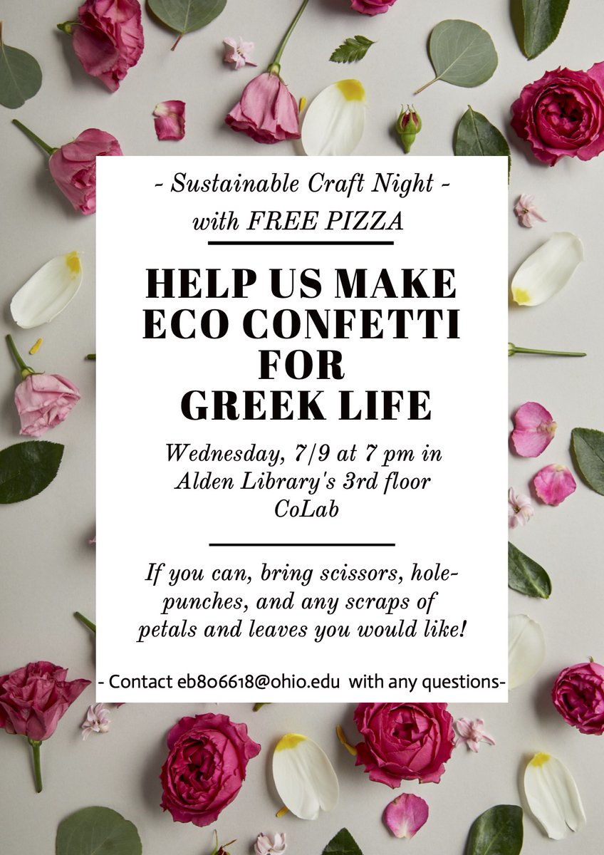 OHIOsustainable's tweet photo. Stop by the coLab in Alden this Wednesday at 7pm to help us make eco confetti! Free pizza is included as well! Vegan options will also be available:) https://t.co/zpUVEIKYeW