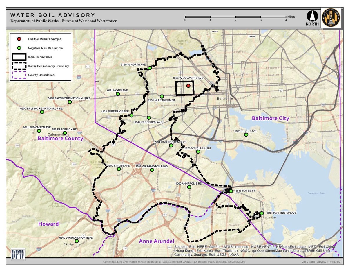 BCFDL734's tweet photo. ⚠️BOIL WATER ADVISORY⚠️
9/5/2022 430p
@BaltimoreDPW has issued a #BoilWaterAdvisory for parts of Baltimore City, Baltimore County, &amp; Howard County.

Full release: https://t.co/KaCid0RXt9 https://t.co/E6Nf9J3Ell