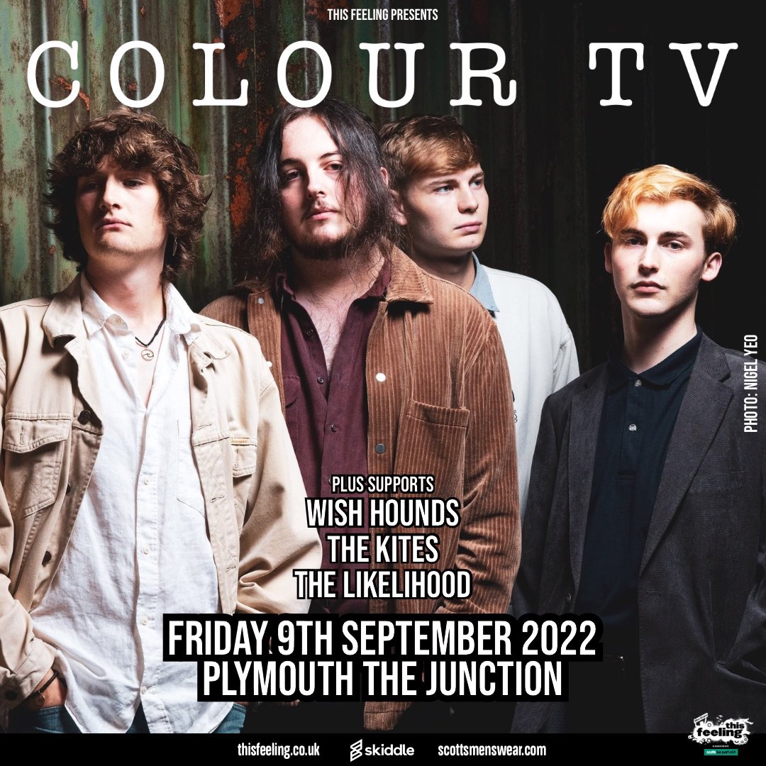 Coming up this week: Friday

Plymouth The Underground w/ <a href="/onourcolourtv/">Colour TV</a> <a href="/wishhounds/">Wish Hounds</a> <a href="/TheKites1/">The Kites</a> + The Likelihood

skiddle.com/whats-on/Plymo…