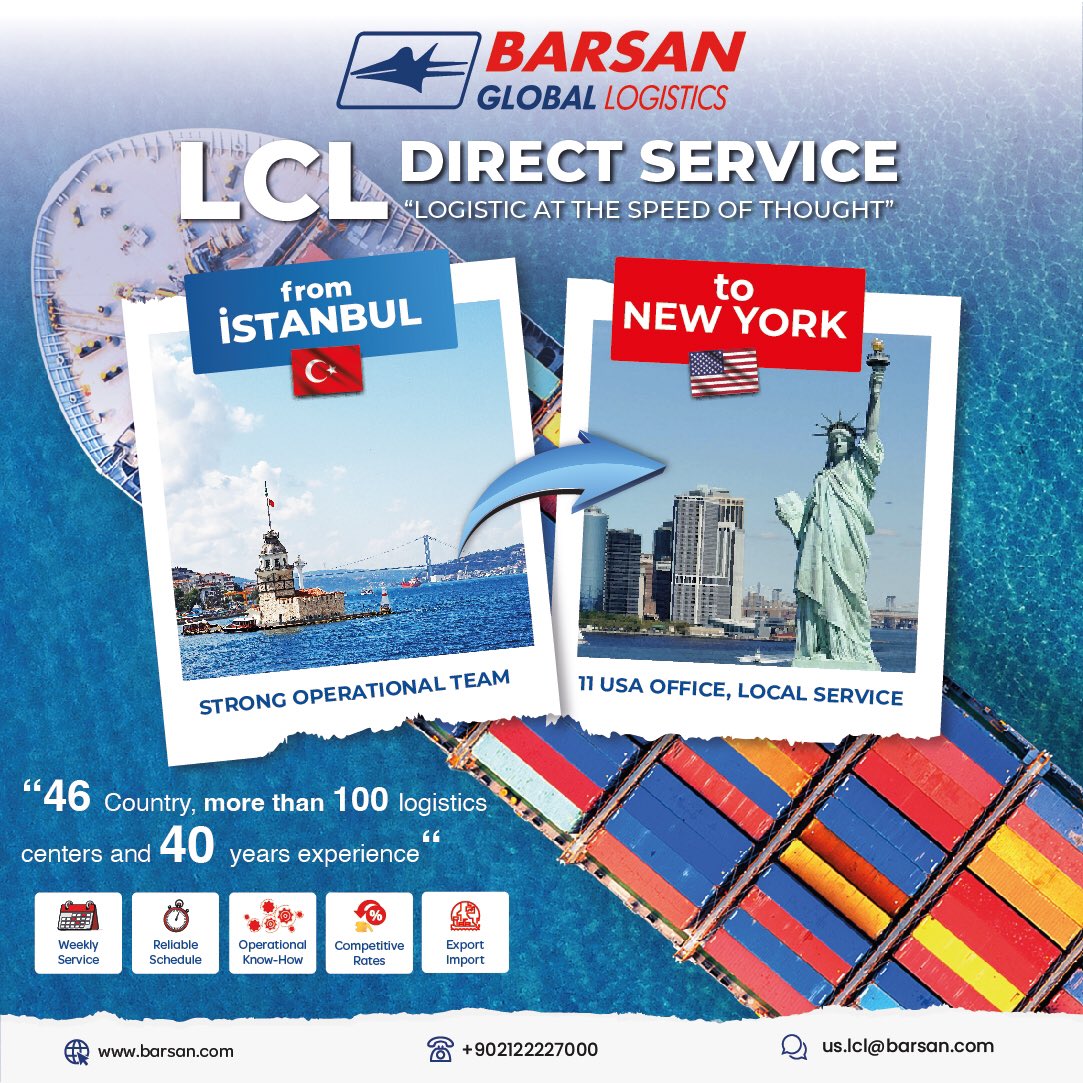 İstanbul'dan New York'a, LCL Direkt Servis.
46 ülkede, 100'den fazla lojistik merkez ile 40 yıllık tecrübe... #BarsanGlobalLojistik #DüşünceHızındaLojistik 
.
LCL Direct Service from Istanbul to New York
#BarsanGlobalLogistics #LogisticsAtTheSpeedOfThought