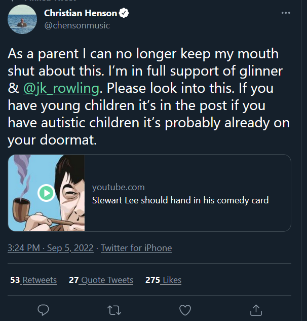 Screenshot of a tweet that reads:

As a parent I can no longer keep my mouth shut about this. I’m in full support of glinner & jk_rowling
. Please look into this. If you have young children it’s in the post if you have autistic children it’s probably already on your doormat.