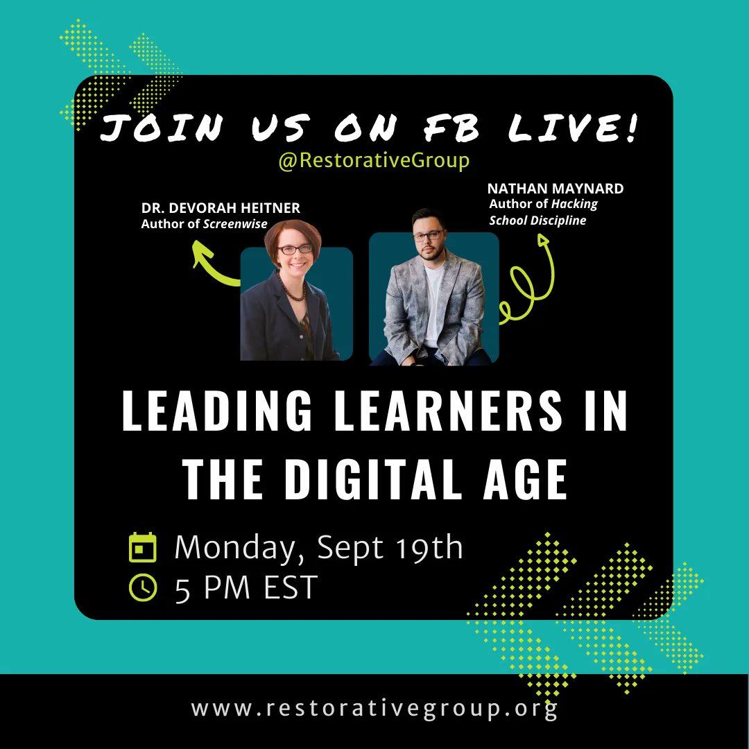 Restorative Group (@restorativegrp) on Twitter photo Join us in 2 weeks for a FREE Facebook live session with <a href="/NmaynardEdu/">Nathan Maynard</a> & <a href="/DevorahHeitner/">Devorah Heitner</a>, renowned authors & educational consultants, who will teach you about SEL milestones of growing up in the digital age that school leaders need to know about! #EdLeadership #RestorativeGroup Join us in 2 weeks for a FREE Facebook live session with <a href="/NmaynardEdu/">Nathan Maynard</a> & <a href="/DevorahHeitner/">Devorah Heitner</a>, renowned authors & educational consultants, who will teach you about SEL milestones of growing up in the digital age that school leaders need to know about! #EdLeadership #RestorativeGroup
