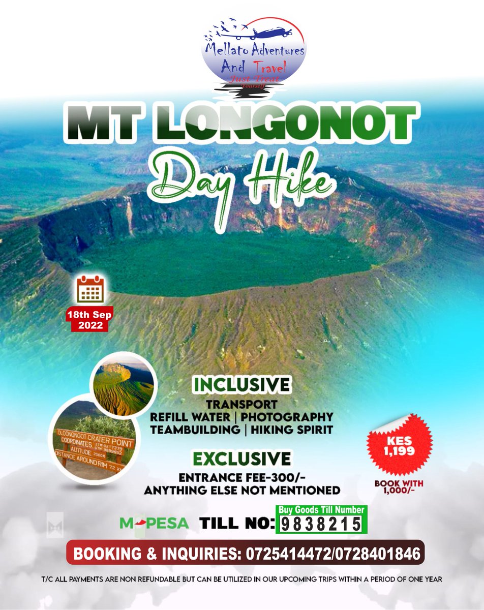 MellatoA's tweet photo. Mt Longonot Day Trip
Date: Sun 18th Sept 2022
Cost: Ksh 1,199/= 
#TembeaAmboseli #DreamAfricaAmboseli #AdventureUnfiltered #travelwithmellato #gainwithmtaaraw #gainwithpoha #gainwiththeepluto #gainwithwestandmugweru #gainwithmchina
#staycation #vacation #explore #travelling https://t.co/IRTcvxCeOG