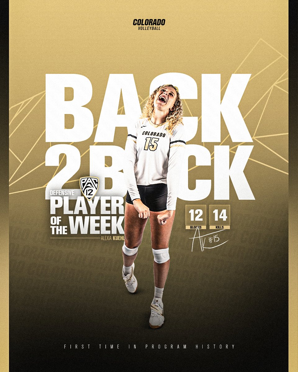 BACK 2️⃣ BACK‼

<a href="/KuehlVolleyball/">Alexia</a> is the first CU player to earn consecutive Pac-12 Defensive Player of the Week honors! She is second in the entire NCAA in blocks per set!

#GoBuffs 

buffs.me/3KNR9NM