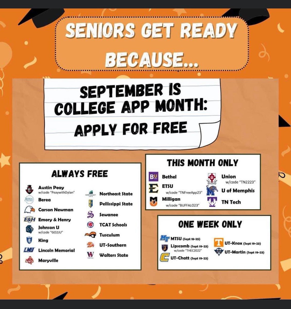 ATurnerScience's tweet photo. SENIORS - Here’s an awesome resource to help you apply to TN colleges for free!
https://t.co/xQNN3XF4DO https://t.co/SgTkID93bk