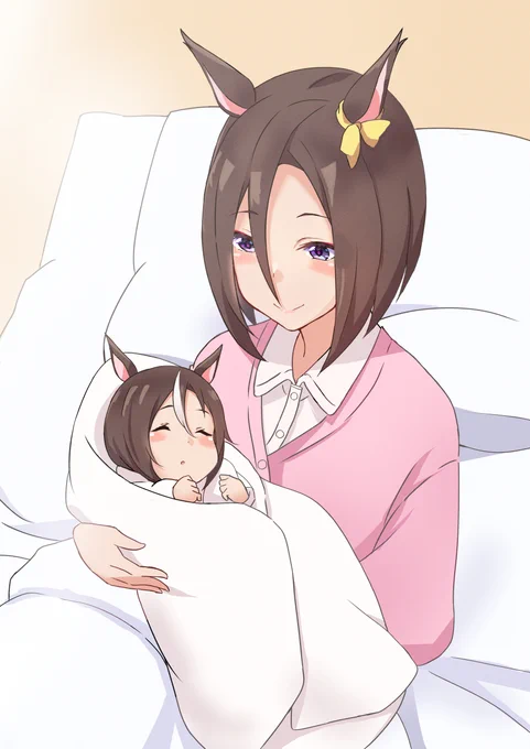 我が子を抱いて安堵するエアグルーヴpixivリクエストです。リクエストありがとうございました。ウマ娘#エアグルーヴ 