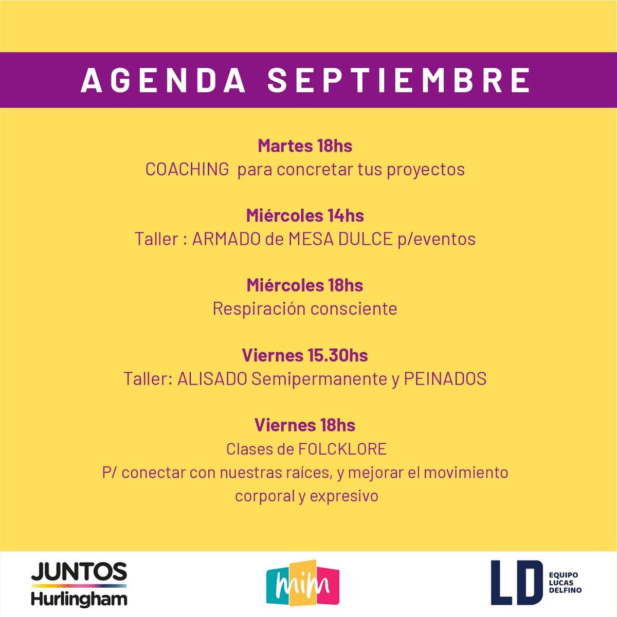 No te pierdas todos los cursos y talleres que vamos a estar dando junto a MIM durante todo el mes de septiembre 🙌
👉 Taller de oficio y capacitaciones
👉 Taller de armado de mesa dulce
👉 Taller de alisado y peinados
👉 Clases de folcklore

📲Anotate acá docs.google.com/forms/d/e/1FAI…
