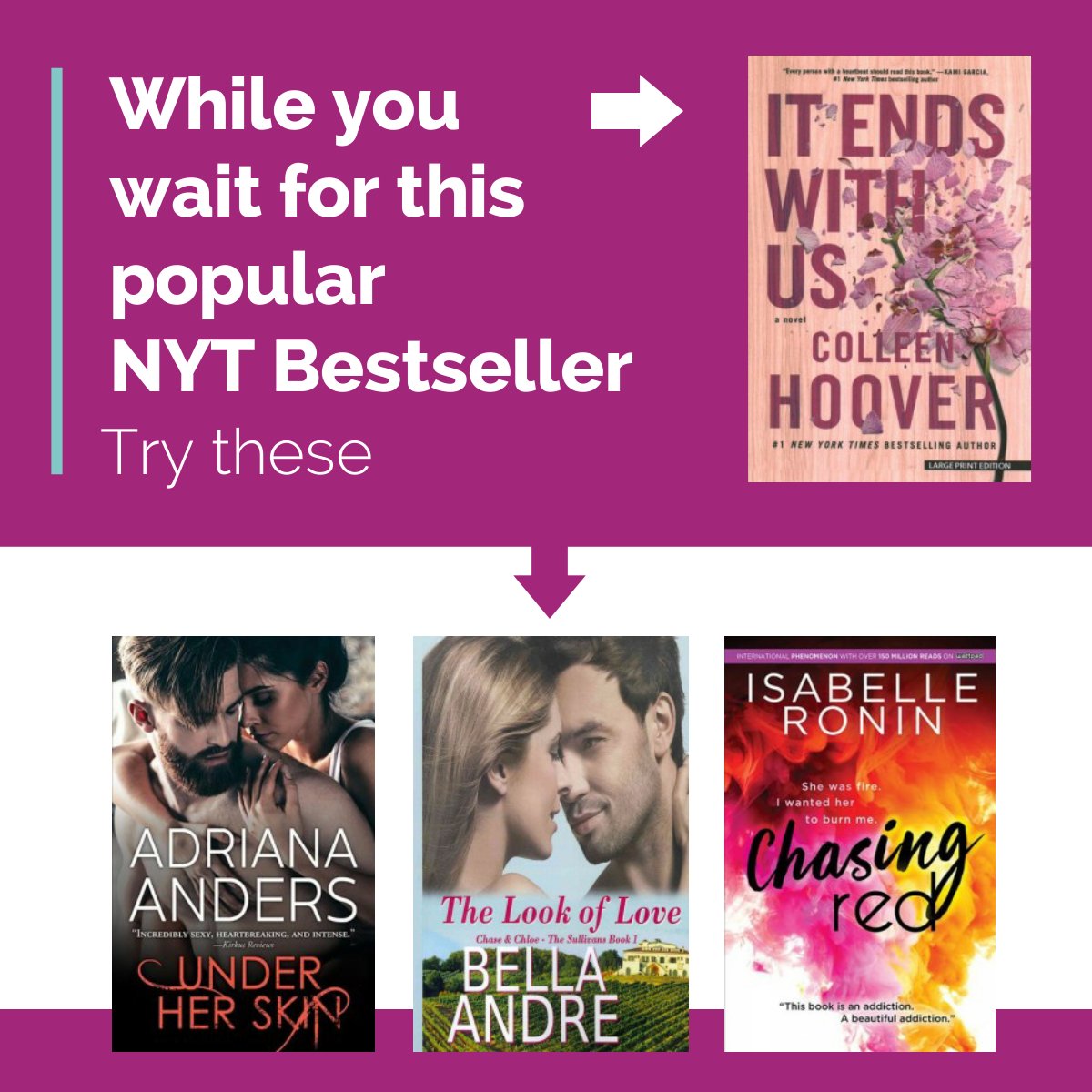 chilton_library's tweet photo. Still waiting for this popular title?  Checkout some of this other titles while you wait.
#whattoreadnext #itendswithus #hoover #chiltonlibrary #chiltonwi https://t.co/riurQRSC8L https://t.co/5vTQbxaszX