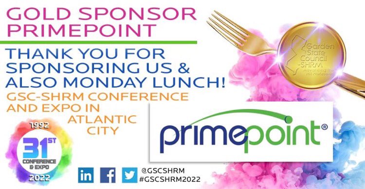 GSCSHRM's tweet photo. We wish to extend our sincere thanks to Primepoint HRMS & Payroll for being a Gold Sponsor at our #gscshrm2022 Annual Conference & Expo, & for sponsoring our Monday Lunch! Learn more at https://t.co/TcBh3N8fZR
#HR #shrm #hrci #NJ #expo #thankyou #payroll #hrms #employeesolutions https://t.co/WWdtfvSN4K