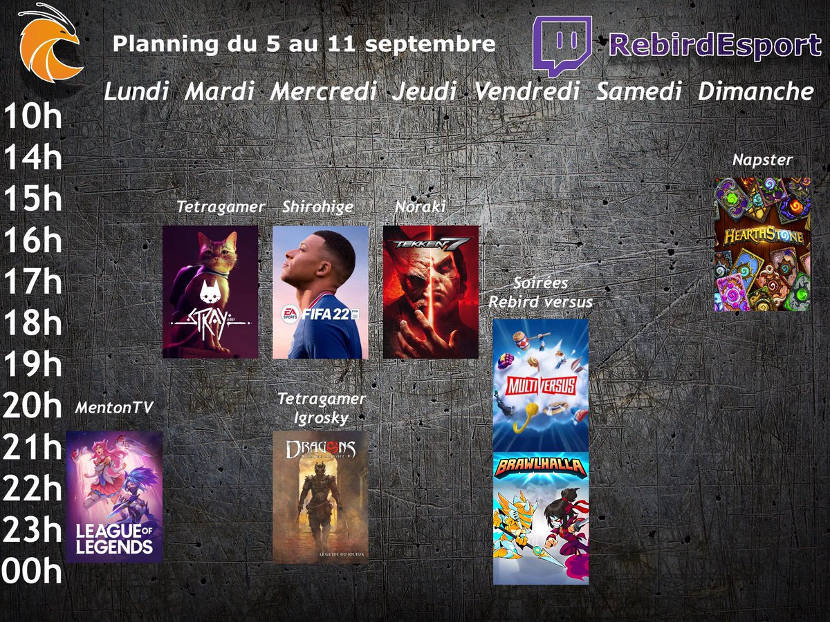 👇 ça se passe ici !👇

Planing streams de la semaine du 5 au 11🔥

#LeagueOfLegends #Tekken7 #JDR #FIFA22 #MultiVersus #Hearthstone #brawlhalla #Stray 
⚔️🥋⚽️🎲🃏🐈🐰⛏

twitch.tv/rebirdesport #Handicap #eSports #twitchfr #stream #TwitchStreamers