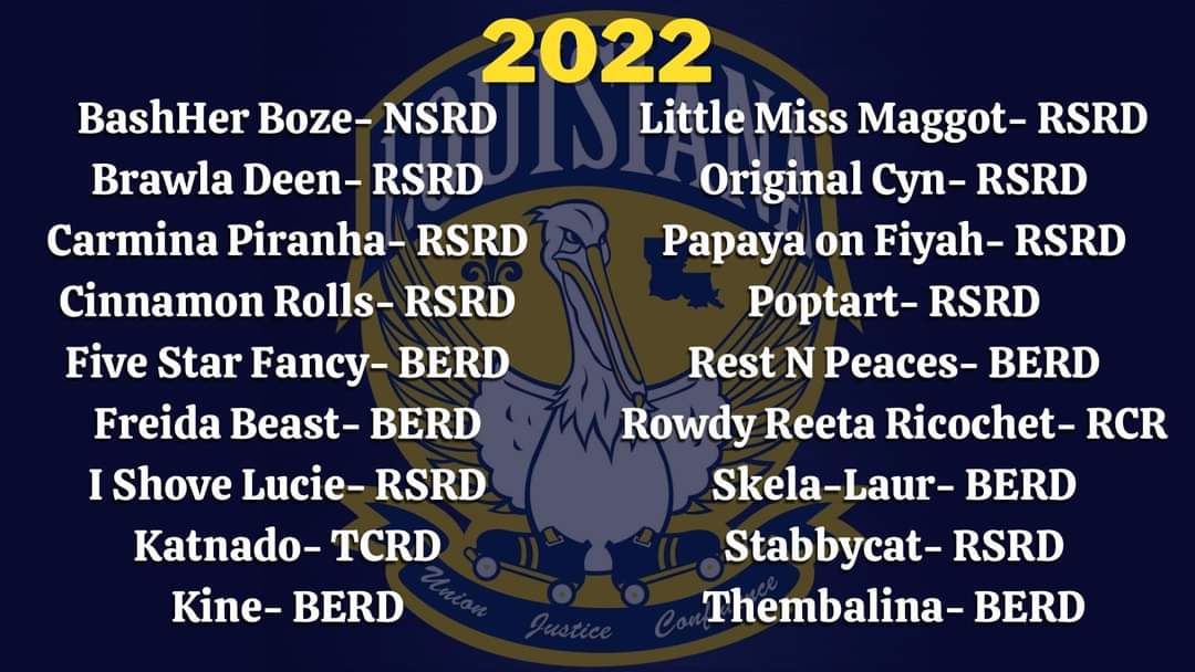 BigEasyRD's tweet photo. Congrats to all who earned spots on the 2022 #TeamLouisiana Roller Derby roster, including six #BERD skaters! Such an impressive group of skaters! https://t.co/kVDJDPpe1N