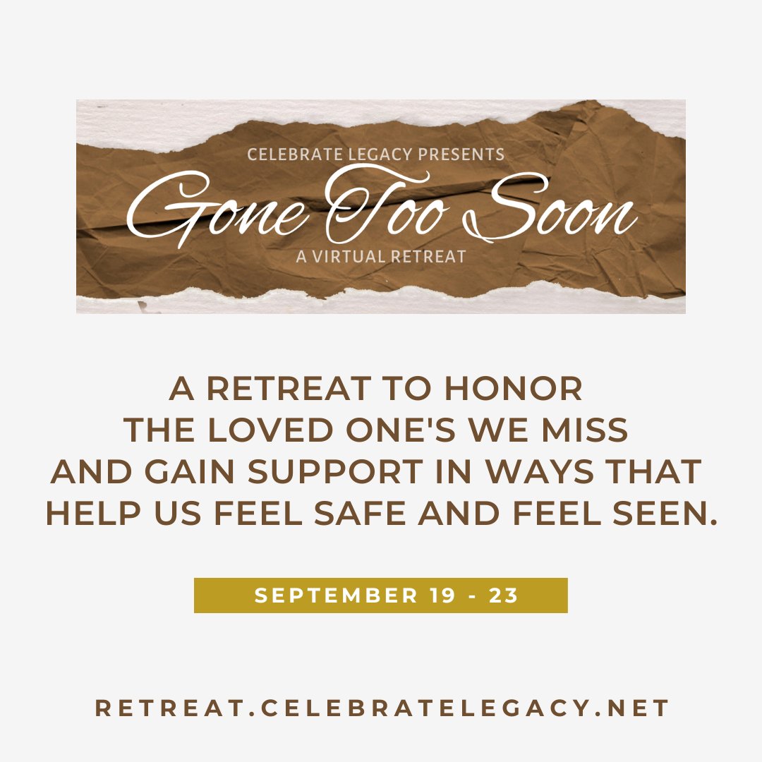 DrMekel's tweet photo. FREE registration is open for the Gone Too Soon Virtual Retreat! This online event was created to help honor the loved ones we miss and gain support in ways that help us feel safe and feel seen. Click here to learn more: https://t.co/8vbHvSNiy0
#griefandloss #grief #loss https://t.co/4ZY5IqGxM0