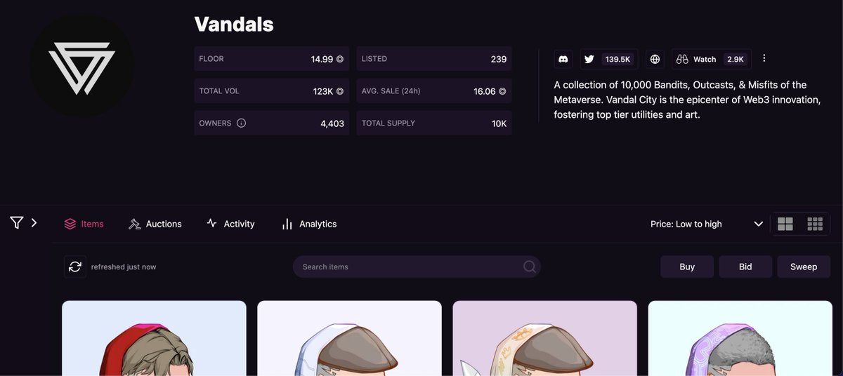 - Vandals still stupid bullish - 
• Sneak peak 2 was fire and well received by CT
• Holding strong above 14.75
• Lot's of degod whales invested
Strongly believe this will be a main project we see y00ts profits being rotated into. 20+ floor is programmed