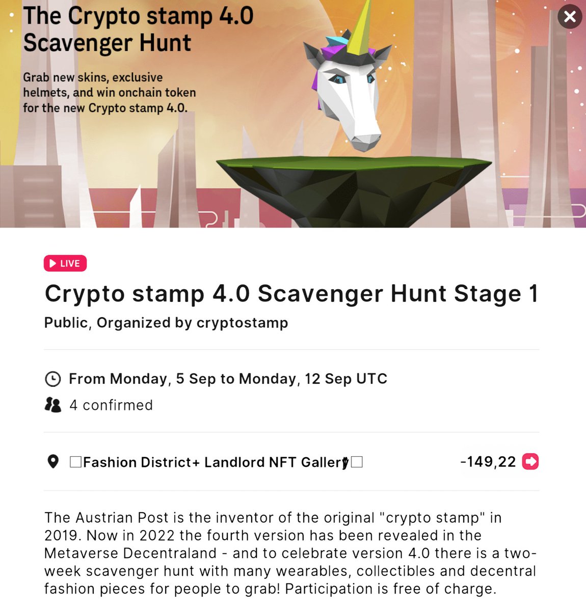 The #scavengerhunt of #cryptostamp 4.0 #NFT is live on #decentraland. Get your #wearables by registering today! events.decentraland.org/event/?id=b4d6…