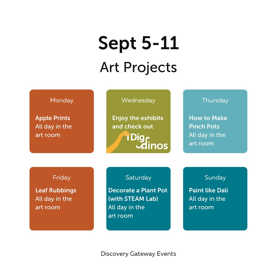 DGchildmuseum's tweet image. Here is the schedule for the week!
#CMUtah #ArtForKids #STEAMForKids