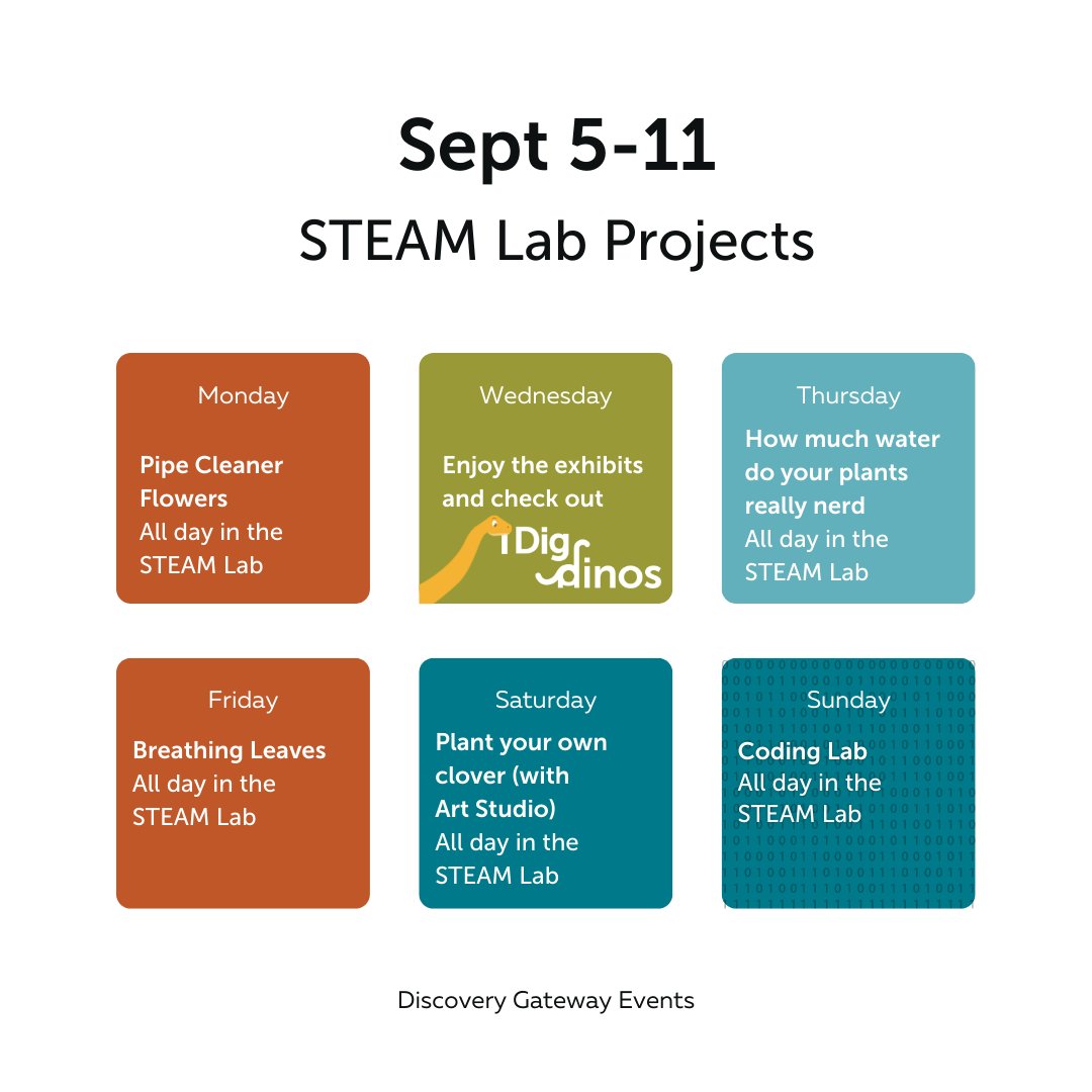 DGchildmuseum's tweet image. Here is the schedule for the week!
#CMUtah #ArtForKids #STEAMForKids