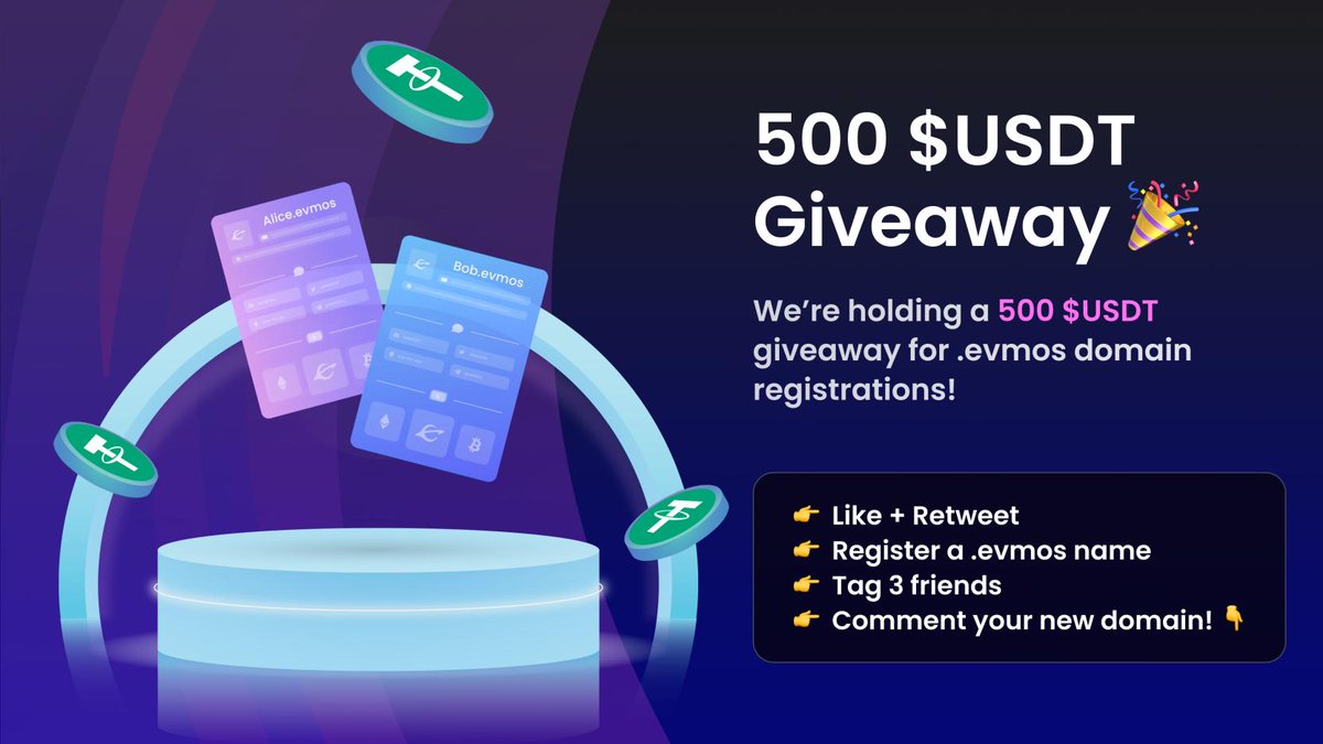EvmosDomains's tweet photo. Gm #Namers! 🚀

To celebrate our growing community &amp; upcoming #Airdrop, #EvmosDomains is hosting a 500 $USDT giveaway! 🚀🎉

5 of the next 500 registered #domains will receive 100 $USDT EACH! 💰👀

1 registration = 1 entry 🎟

#Giveaway starts now! 🎉📣
👉 https://t.co/P0RwjTlRqJ https://t.co/0MoRlsiu9z