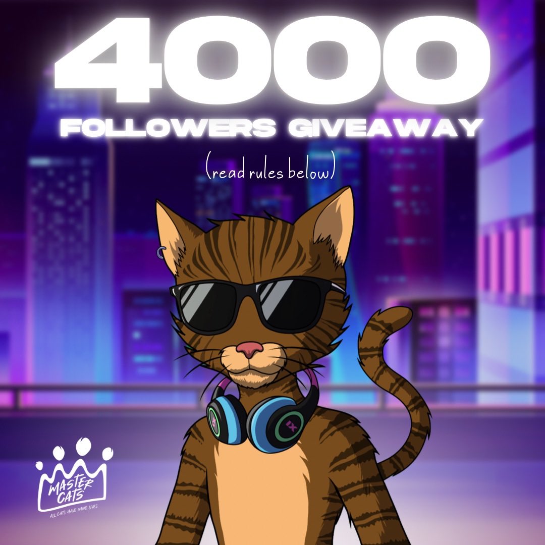 MasterCatsNFT's tweet photo. Master Cats, we reached 4K followers 😼 

As a thank you, we’re giving away 1x #MasterCatsNFT! 

To enter: 
🚀 Like &amp; RT 
🚀 Follow @MasterCatsNFT 
🚀 Comment #JoinTheHODL🍸

#NFT #Giveaway https://t.co/fWdBgCxY4Q