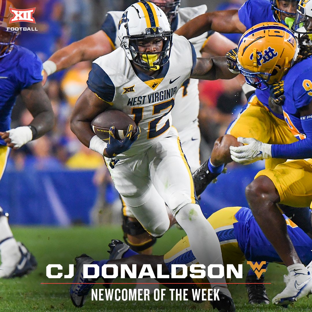 Big12Conference's tweet photo. 🏈 #Big12FB Newcomer of the Week 🏈

CJ Donaldson, @WVUfootball 
 
📰 https://t.co/pWIxXBDbnt https://t.co/KbTC419gwh