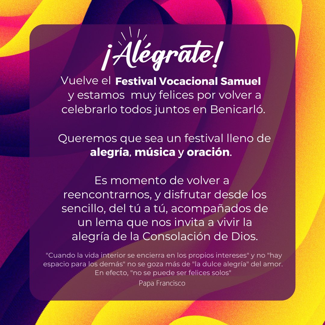 👋🏼Hemos vuelto por aquí, para presentaros del lema del #Samuel22 ☺️

🥳¡ALÉGRATE!🥳

📍Este año, volvemos a reencontrarnos todos juntos en Benicarló🫂

🧐Atentos a nuestras redes pronto os daremos más información🕞

🤩¿Te animas?🔜