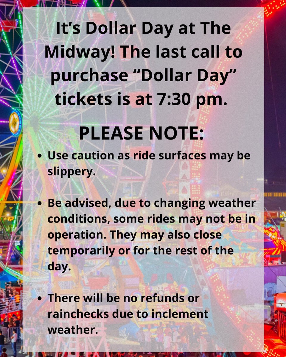Rainy days can’t keep Fair fans away! There are plenty of indoor activities, and The Midway is open. In fact, if crowds aren’t your thing, today could be an ideal time to visit! 😊 To help you plan your visit today, pertinent updates are provided in the graphics below ⬇️