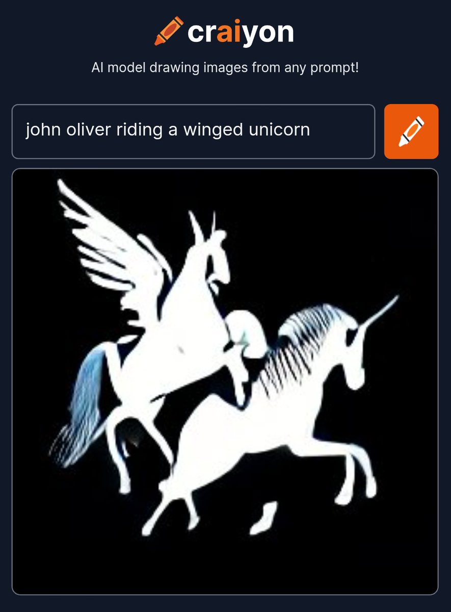 AliciaManolas's tweet photo. John Oliver riding a winged unicorn...

Spending quality time with the new man in my life, an artist Mr CrAIyon 
Told him all about my favourite comedian.

#JohnOliver
#LastWeekTonight
#rateroticaforthewin
#craiyon

Turns out you are the mighty stallion Pegasus, John, who knew?😂 https://t.co/1aXdjvtBW4