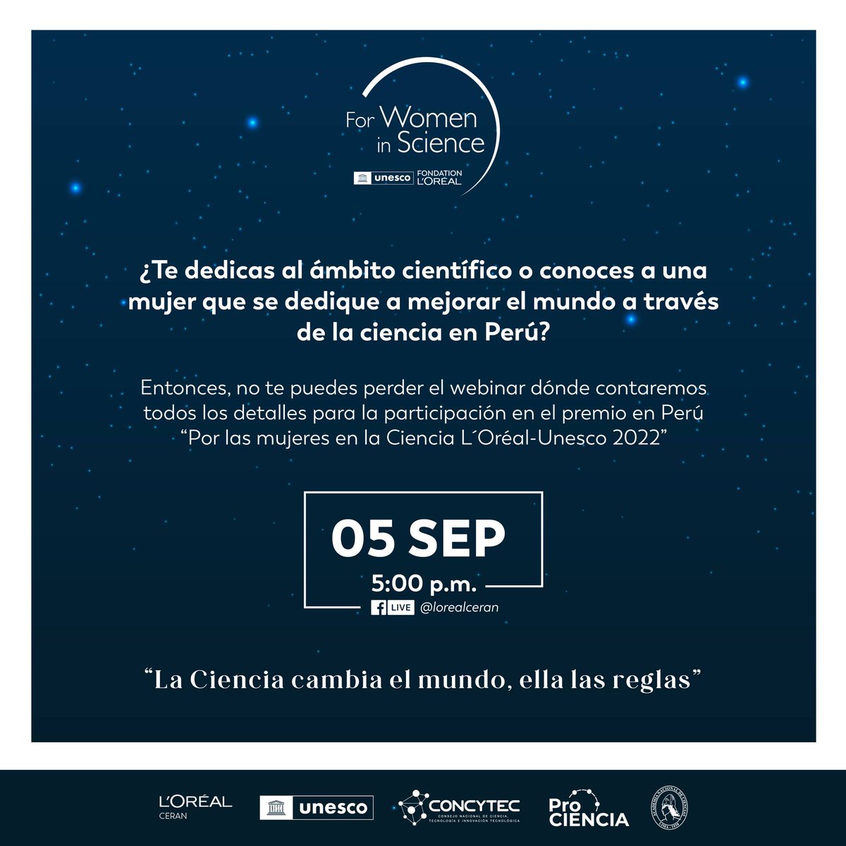 ¡Atención científicas!👩‍🔬🇵🇪 
Te invitamos a conectarte hoy a las 5:00pm en nuestro webinar “Por las mujeres en la ciencia”.📖🧬🦠🌡🔬🧪🔭️
 🔗Transmite: Facebook Live de UNESCO Perú
#PorLasMujeresEnLaCiencia #Perú
<a href="/lorealperu/">Grupo L'Oréal Perú</a> <a href="/ProcienciaPeru/">Prociencia Perú</a> <a href="/ConcytecPeru/">Concytec Perú</a>