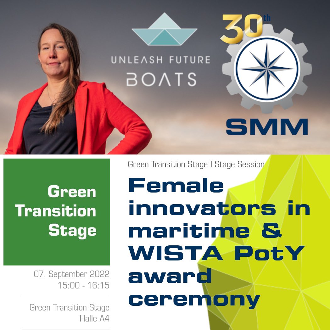 FutureBoats's tweet photo. Meet us at SMM Hamburg 2022! Our CTO Stefanie A. Engelhard is panelist for 'Female innovators in maritime' and the WISTA PotY award ceremony. 

Wednesday, Sept. 7th, 3pm-4:15pm at Green Transition Stage, Hall A4. #Autonomous #zeroemission #boats and #ships
#digitalports #hydrogen https://t.co/FjaRnucViw