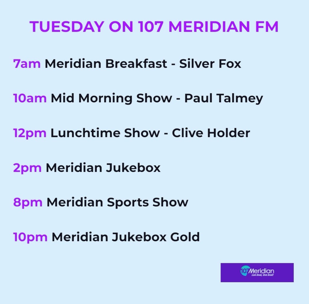 MeridianFM's tweet photo. 😎 Here's what we have for you on Meridian this Tuesday as we make our way through the week.
#107MFM #MakeItMeridian💜 #localradio https://t.co/75Sx0DocnP