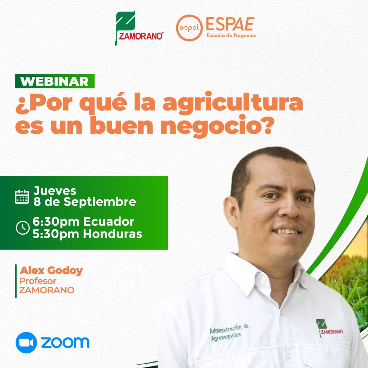 espae's tweet photo. El profesor de @eapzamorano Alex Godoy, expondrá en un interesante webinar, por qué la Agricultura es un buen negocio. El académico Zamorano  impartirá el I Programa Internacional de Agronegocios que dictarán @espae y @eapzamorano. Link de registro▶️ https://t.co/nkXEXyS7Jj https://t.co/4mbF88NjTE