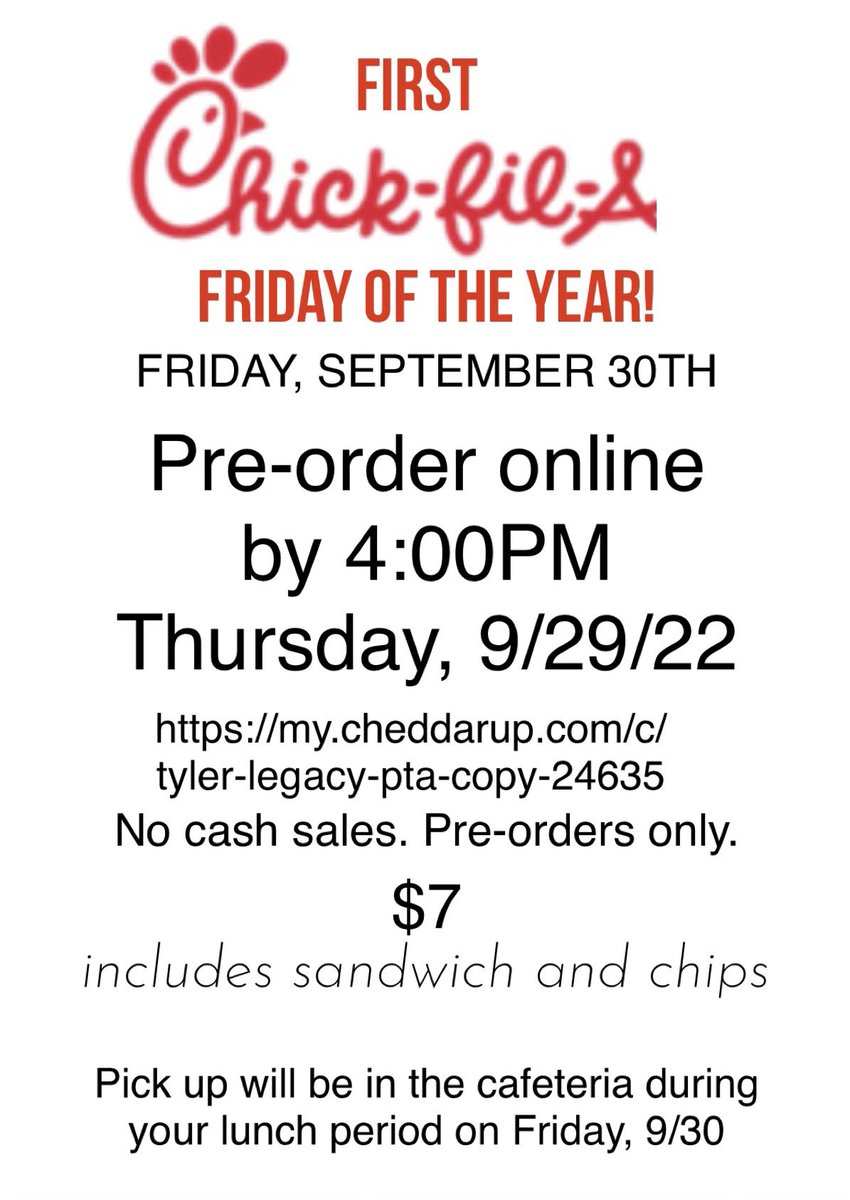 Tyler Legacy PTA (@tylerlegacypta) on Twitter photo Our first Chick-fil-A Friday is this month at <a href="/TLRedRaiders/">Tyler Legacy High School</a>! We can only take pre-orders, so be sure to get those orders in by Thursday, September 29th at 4pm! Click this link to order: my.cheddarup.com/c/tyler-legacy… Our first Chick-fil-A Friday is this month at <a href="/TLRedRaiders/">Tyler Legacy High School</a>! We can only take pre-orders, so be sure to get those orders in by Thursday, September 29th at 4pm! Click this link to order: my.cheddarup.com/c/tyler-legacy…