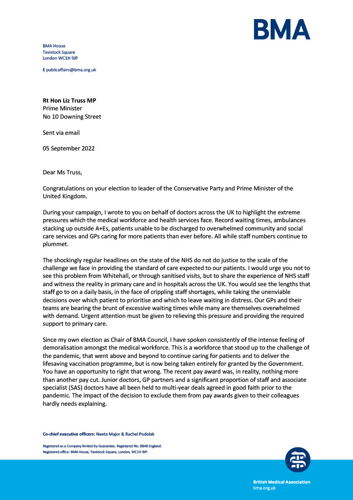 TheBMA's tweet photo. The new PM must put the NHS at the top of her priority list.

Read our letter to @trussliz setting out the urgent steps needed. https://t.co/UpiaLL67KC