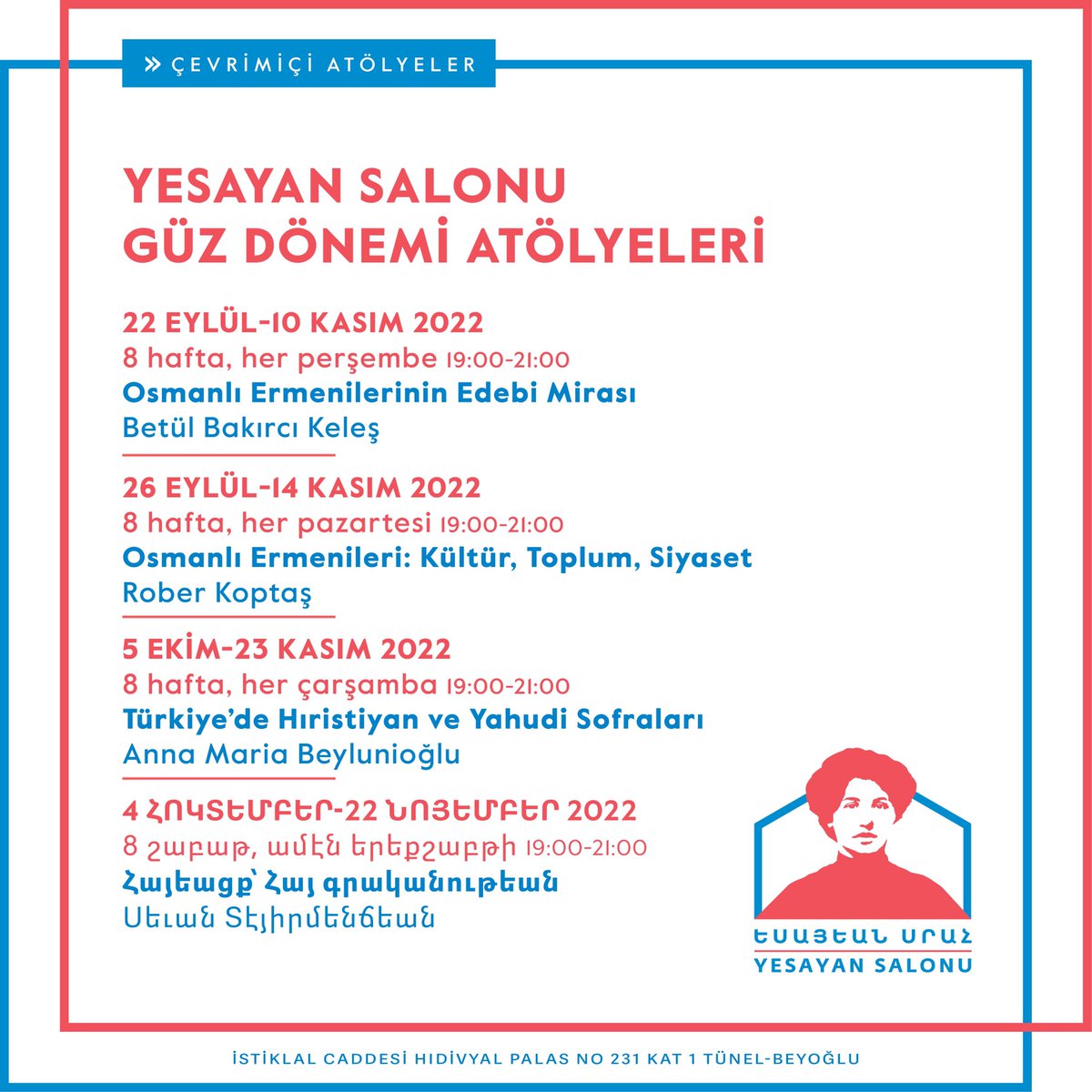 yesayandernek's tweet photo. Eylülle beraber yeni fikirler, yeni projeler, yeni adımlar... Bahar döneminde ilk adımlarını atmaya başladığımız Yesayan Salonu atölyeleri yeni başlıklarla bereketleniyor. Tarihten edebiyata, siyasetten sofra kültürüne dört isimden dört farklı atölye. Kayıtlar için takipte kalın. https://t.co/tpHbo7H7Ot