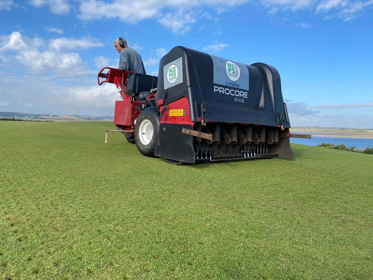 BGreenkeeping's tweet photo. We would like to thank Benny @neprocore for his top quality service once again. As we get some air into the greens and reduce compaction that has built up over the summer, the greens have also been over seeded with a fescue mix and heavily top dressed https://t.co/BWifwfLocS