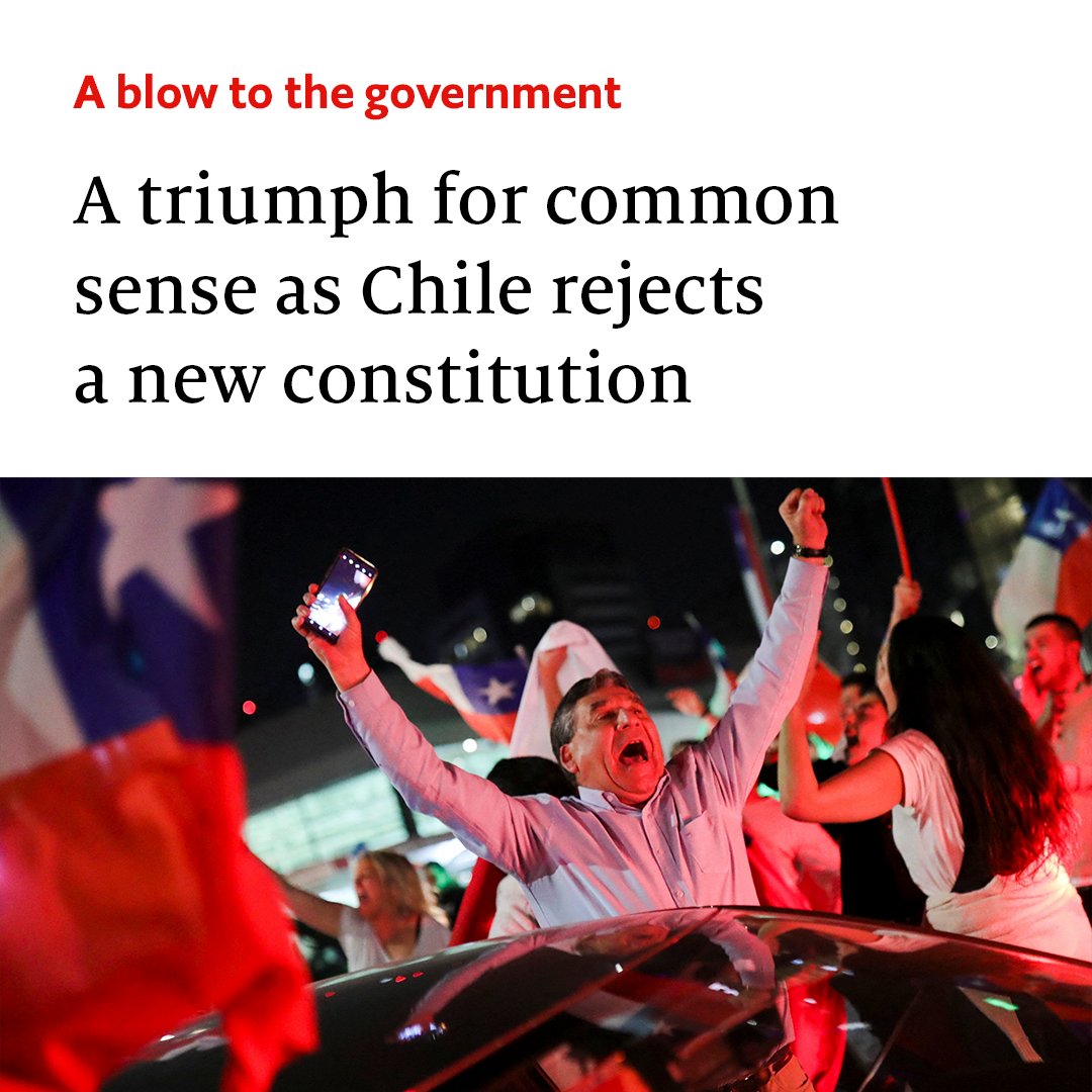TheEconomist's tweet photo. For the past three years it seemed that one of Latin America’s most successful economies was lurching decisively to the left. But Chileans appear to have had enough. The sheer size of the defeat is a blow to the president. Read more: https://t.co/sDnebsO8R1 https://t.co/4SJmBVPLly