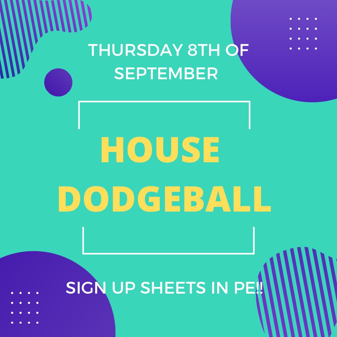 ✨ INTRODUCING HOUSE SPORT ✨ 

Throughout this academic year, we will be hosting house competitions after-school and we are starting off with house dodgeball!! 

Sign up sheets are opposite the PE office. Join up today and represent your house!