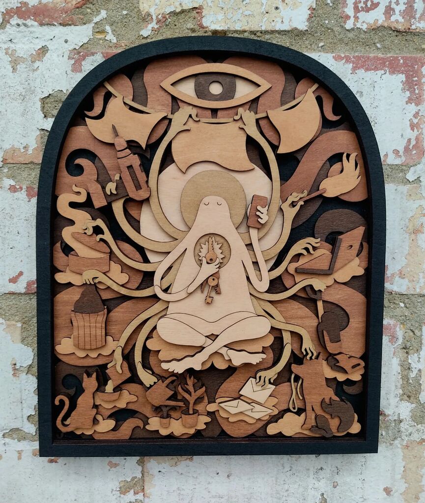 mtomsky's tweet photo. Another day another Godling, this one looking rather fetching on the bare brick wall of my new studio. 
-
-
#art #design #illustration #craft #woodworking #shrine #deity #daytodeity #godling #chores #householdchores https://t.co/dkLDFZglL4 https://t.co/IebQcgsfWl